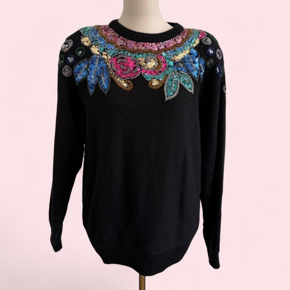 Vintage Alfred‎ Dunner Black Floral Sequin & Beaded Sweater — Size L